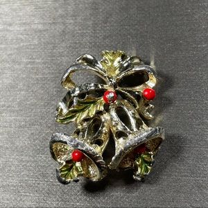 Jingle Bell Silver Gold Tone Holiday Brooch Pin